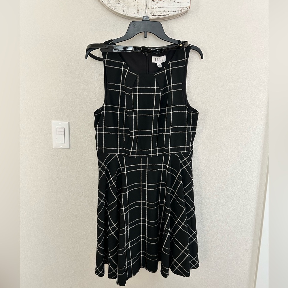 Elle Black and White Plaid Dress with Glossy Bow Belt